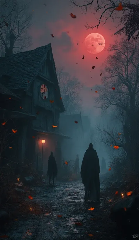 Inside the haunted village: a broken clock stuck at 12:00, leaves frozen mid-air, and Rehan Mehta looking around confused. Eerie...
