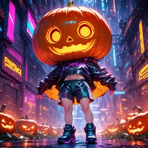 masterpiece, best quality, absurdres, highres,ultra-detailed, high-quality,cyberpunk,full body, solo one male,pumpkin head,stand...