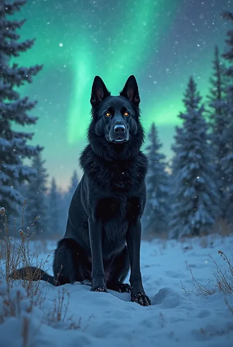 A 60mmx110mm sized image of a black German shepherd dog in a forest with snow and blue Northern Lights in the background and sno...