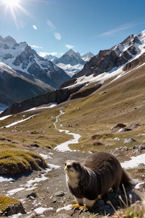 Point of view shot from a marmot walking on a cold Himalayan mountainside, both furry front paws visible stepping over jagged gr...