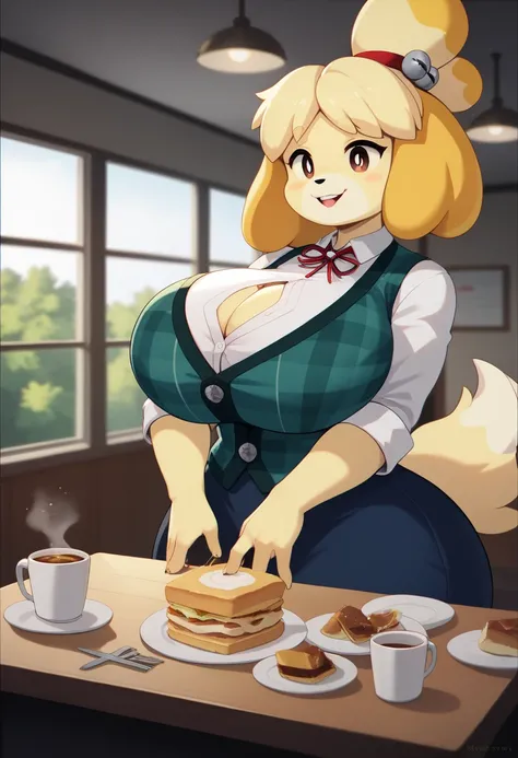 isabelle \(animal crossing\:1.10), plaid vest, blue skirt, white undershirt, tail, BREAK, food, elbows on table, cup, indoors, u...