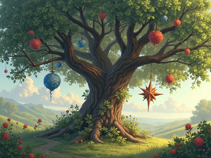 Make a frame where star-shaped fruits bloom on the branches of the Oak- Young apples