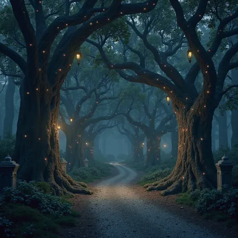 A dark night with many different oak like trees dekorated with small lights in different star sign patterns, statues such as the...