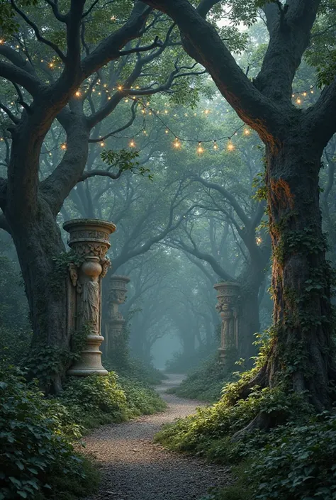 A very dark night with many different oak like trees dekorated with small lights forming different constilation patterns, placed...