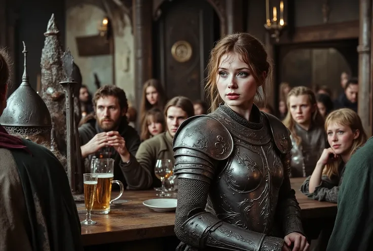 A tall female human paladin dressed in darkly etched fullplate armour. She has a sad smile and dirty, short brown hair. Her skin...