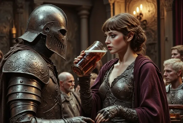 A tall female human paladin dressed in darkly etched fullplate armour. She has a sad smile and dirty, short brown hair. Her skin...
