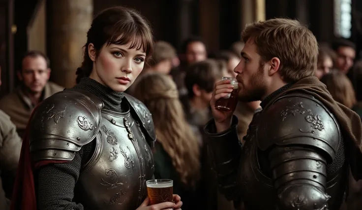 A tall female human paladin dressed in darkly etched fullplate armour. She has a sad smile and dirty, short brown hair. Her skin...