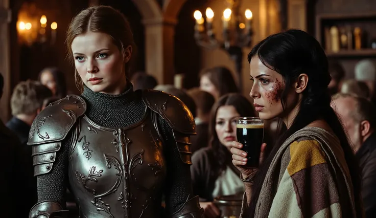 **A tall female human paladin dressed in darkly etched fullplate armour. She is sad and dirty, with short brown hair. Her skin i...