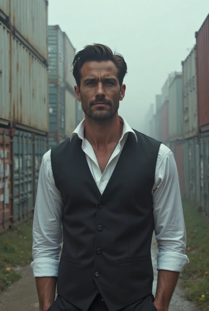 un homme riche en costume 3 pièces, la veste est noir, et sa chemise est blanche. il est content. l'arrière plan est des contain...