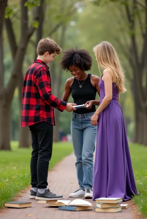 In a outdoor college background..a white boy with brown hair in a red and black checkered shirt and black pants and an afro Blac...