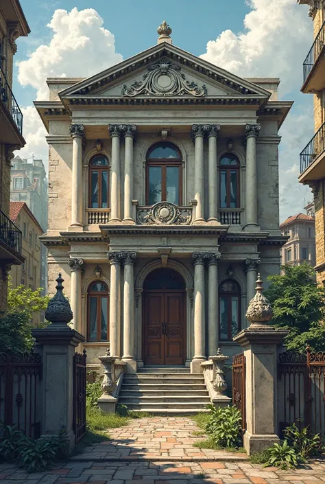 A neo classical house in a sloppy area with 2 rooms on basement, 4 rooms on ground floor and 3 rooms on first floor.