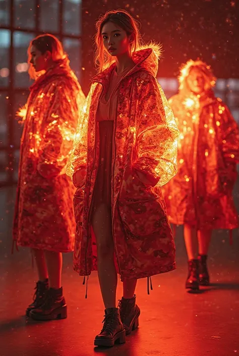Logos with animated effects in glowing reds and oranges, layered over fashion avatars.