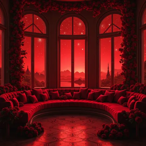 inside VIP room red vampire restaurant with red roses, windows red sky aura and stars. realistic 4k. no poeple