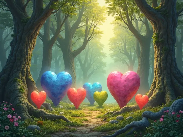 A forest with tall trees, hearts of different colors standing on the floor