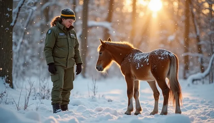 In this image, a wildlife officer in a green uniform stands in a snowy forest setting, next to two horses—a mature one and a foa...