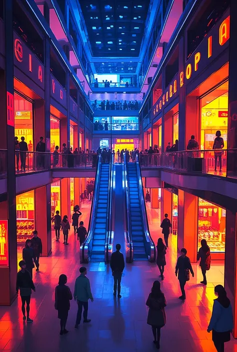 Interior view of the Boulevard shopping mall at night. The scene shows a spacious, modern interior with polished floors, two esc...