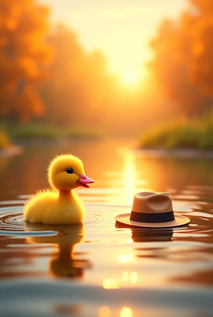 Duckling spots the hat in the river
“ yellow Duckling looking surprised and excited, pointing at a small floating hat in the ri...