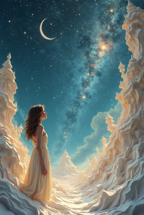 Woman in a paper world admiring the starry sky