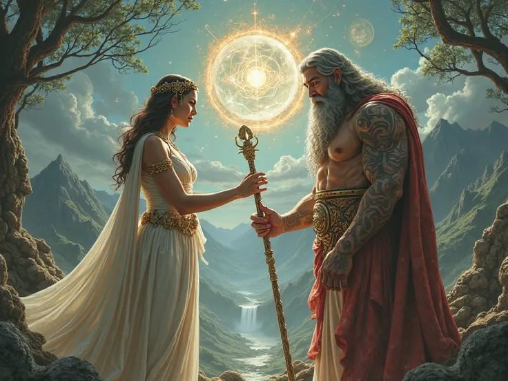 The goddess Gea giving a metal sickle to the god Cronos