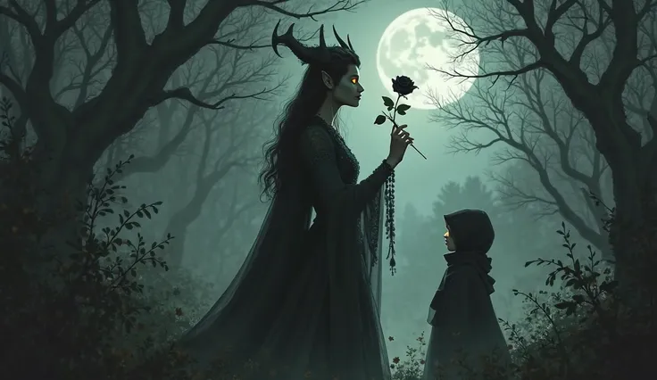 a demoness with horns, one black rose in her hand, sniffing a flower, smiling, eyes glowing yellow, next to a frightened girl in...