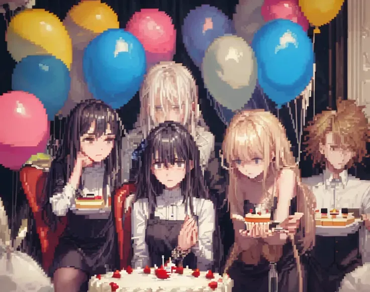 Pixel art of a worried-looking character arranging chairs at an empty party, with balloons still deflated and a crooked cake. Fu...