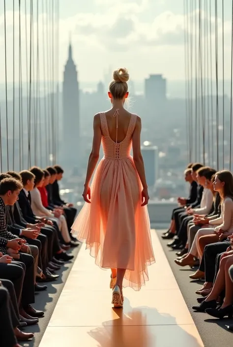 An amazing fashion catwalk suspended high above a cityscape suspended by wires to clouds, either side of the catwalk are a seat...