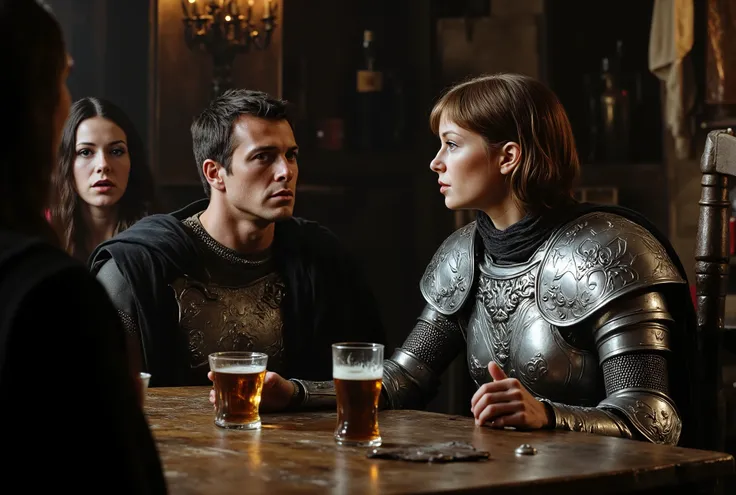 A tall female human paladin in darkly etched fullplate armour appears sad and dirty, with short brown hair, white skin, and ligh...