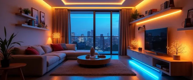 A cozy living room inside a modern apartment, medium perspective view. The space includes a balcony with soft daylight blending ...