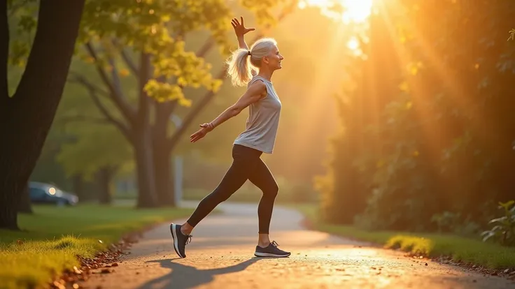Senior stretching outdoors, morning sunlight, feeling strong and active, text overlay: “Stronger legs start with smarter eating”...