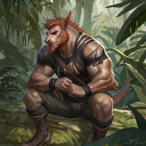 (Alone ), Male anthropomorphic Armadillo man, anime, beard, Detailed, The best art, Masterpiece, quality, newer, jungle backgrou...