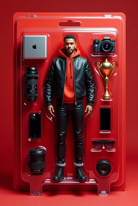 A toy style figure packaging mock up featuring stuart young standing in black leather jacket and red hoodie,arms down, in bliste...