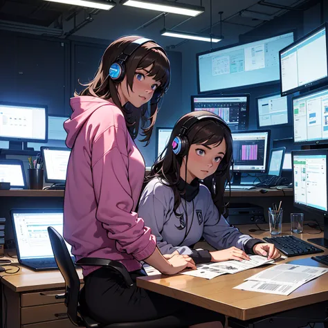 The image shows a girl with long, wavy brown hair in a dark and cozy environment, illuminated mainly by the screens of their mon...