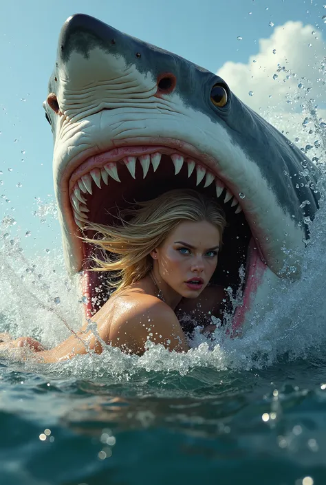 Great white shark attacks Chrissie the blonde beautiful young nude woman of Jaws movie while she is swimming, Chrissie has panic...