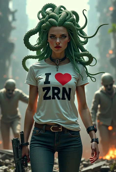 medusa greek mythology. Usando uma camisa escrito I ❤️ ZRN. With a technological weapon and zombies all around you 