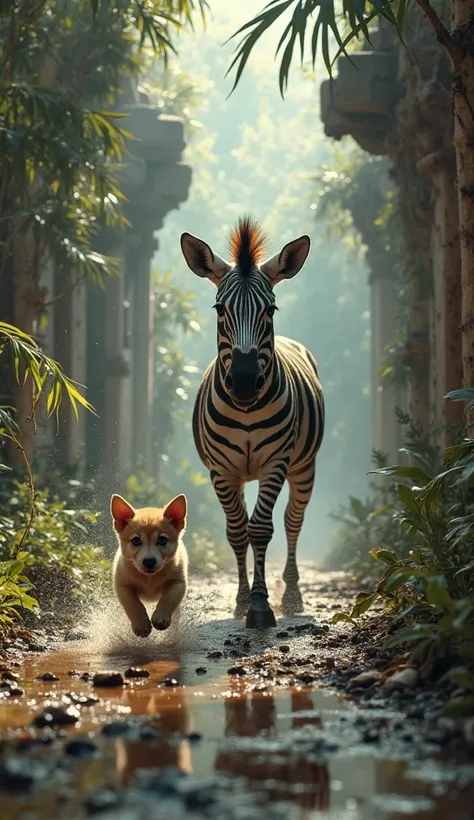 "A small puppy dashing through the ruins of a sacred jungle temple, splashing through puddles and mud, while a towering zebra wi...