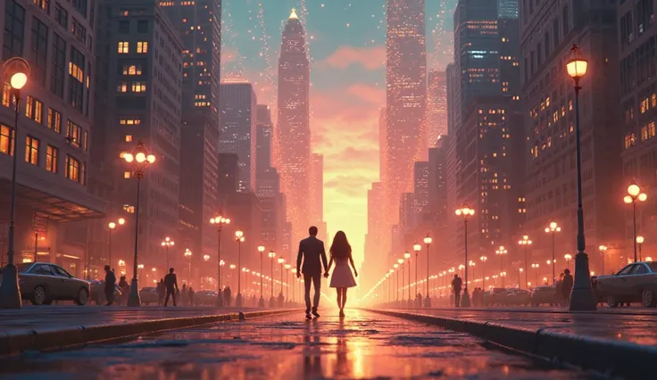 Time-lapse city scene showing buildings lighting up like a heartbeat, as the couple walks hand in hand below, Pixar 3D animation...