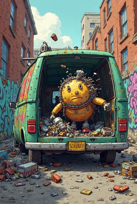 Cartoon figure throwing scrap in a van