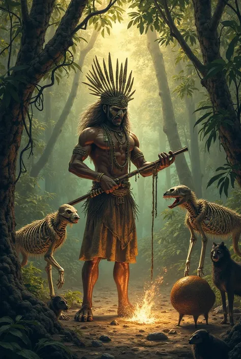 Popol Vuh:
Prompt: "Mayan gods Hunahpú and Ixbalanqué playing ballgame in Xibalba, dark underworld with skeletal figures, pre-Co...