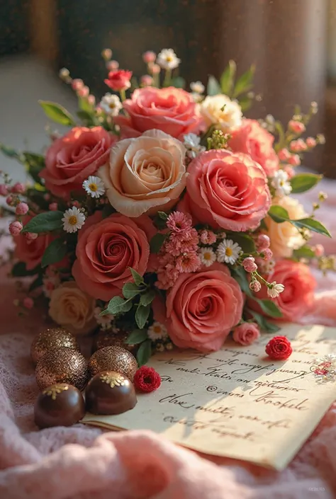 Bouquet with enamel and fine chocolate and a letter