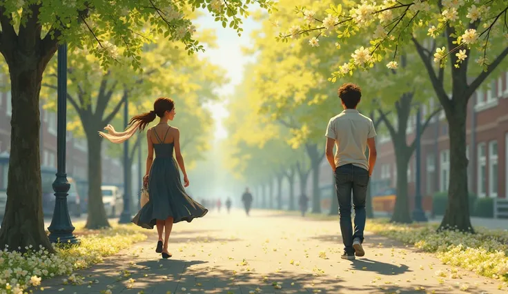 a woman pass near a man on the street, both moving in opposite directions, spring, linden blossoms fallen to the ground