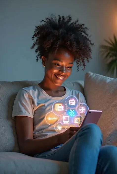 A smiling young black woman sitting on a sofa with the computer in her lap with several large icons as if it were a glass store ...