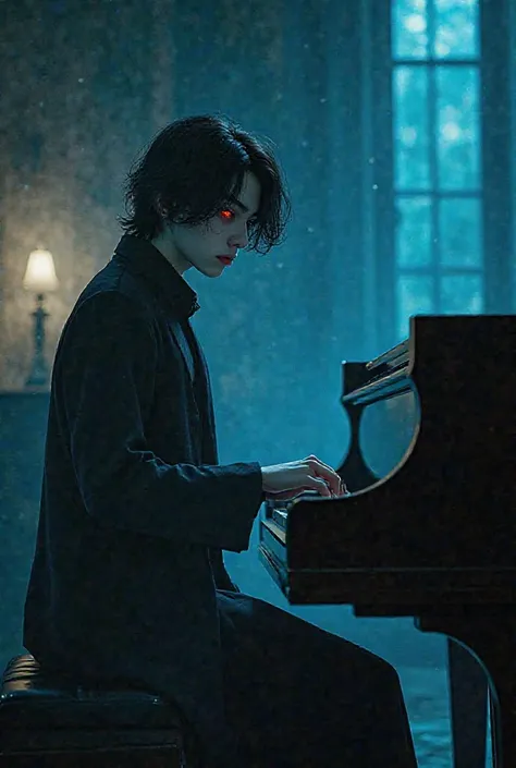 A man with black hair and red eyes with wight skin tone gentle man dress playing piano in evening in dim light eyes glowing blue...