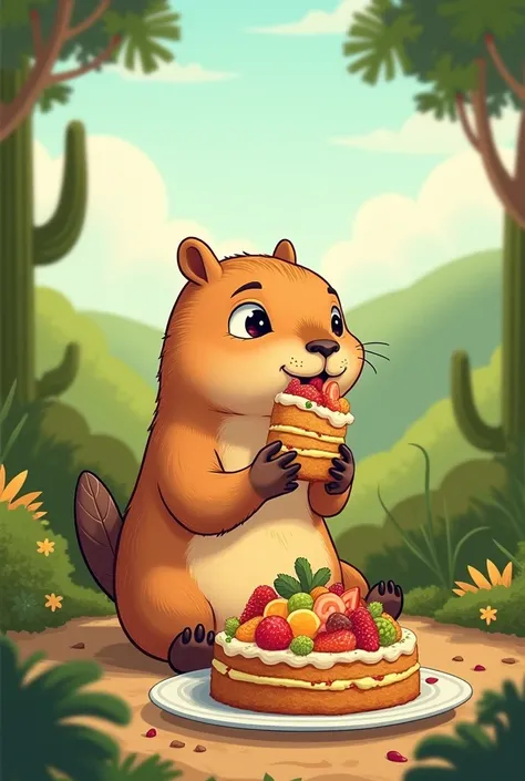 Drawing of a capybara boy eating tamale cake