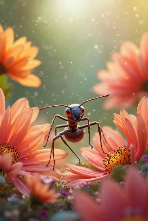 The ant dribbles between flower petals as defenders (other insects like ants or beetles) try to block.]