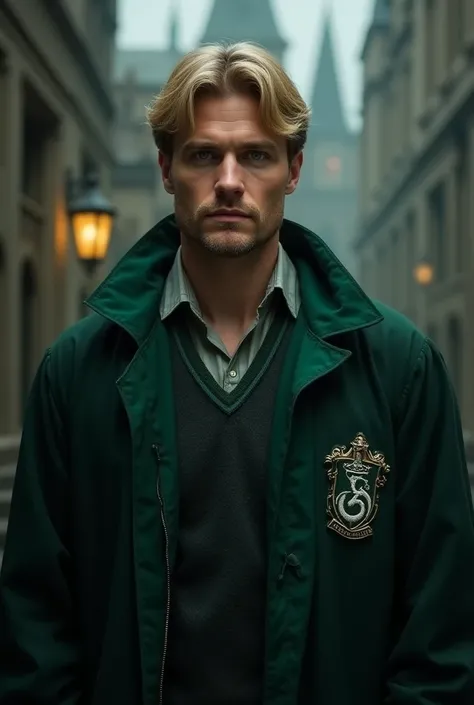 35 year old man. Dressed in Slytherin attire, Hogwarts student, dark blond hair; facial scruff, handsome; noble. Deep sapphire b...