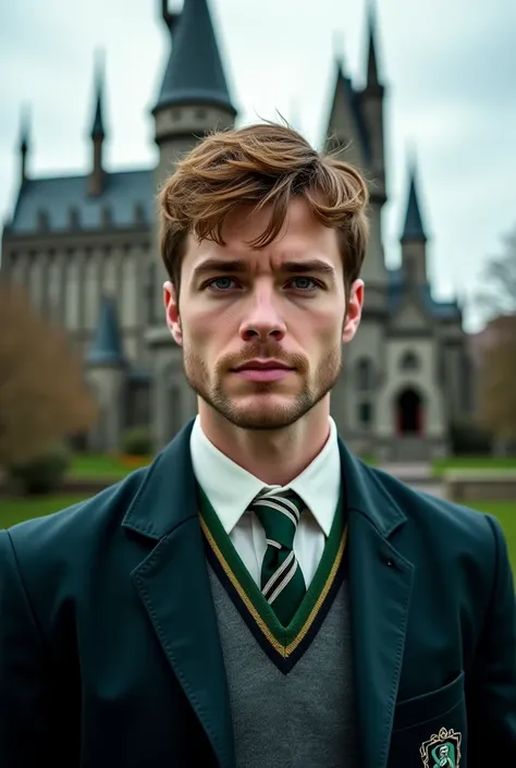 30 year old man, Dressed in Slytherin attire, Hogwarts student, short light brown hair, facial scruff, handsome; noble. Deep sap...
