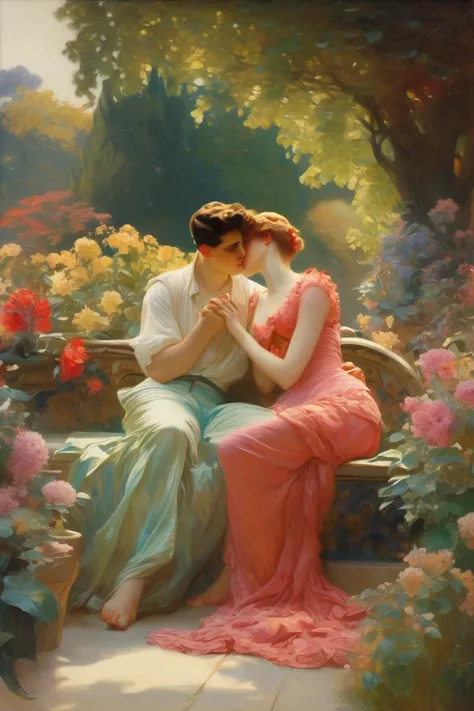 A scene of lovers rendezvousing in a picturesque garden. In the style of Gaston Bussiere