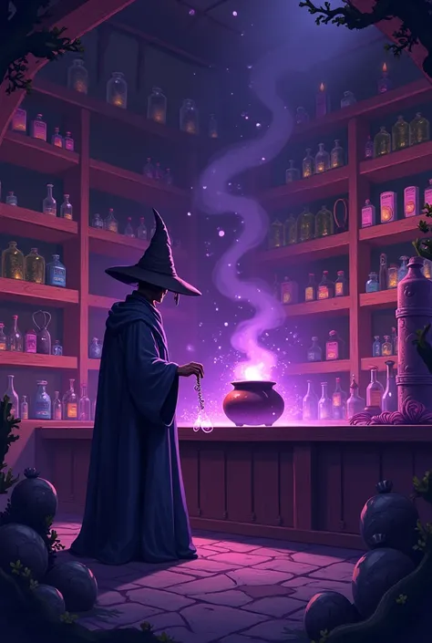 Create a pixel art image of an alchemist brewing potions. The image has a purple hue