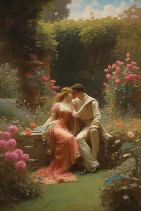 A scene of lovers rendezvousing in a picturesque garden. In the style of Gaston Bussiere