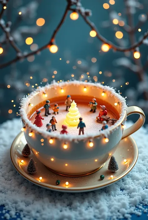 4. Cozy/Home Theme
Prompt:
Tiny people are having a winter festival inside a giant teacup. The tea is frozen, forming a skating ...
